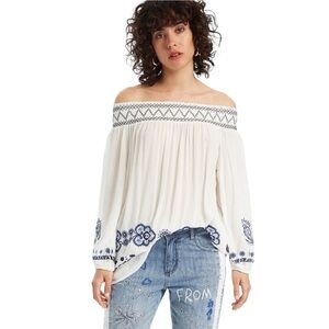 Desigual Stretch Off Shoulder Embroidered Blouse Size Large